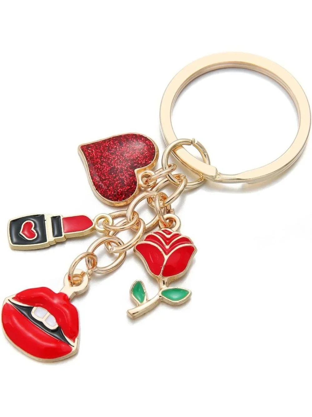 Romantic Love Keychain Set - 10PCS Red Glitter Heart, Rose & Lipstick Charms for